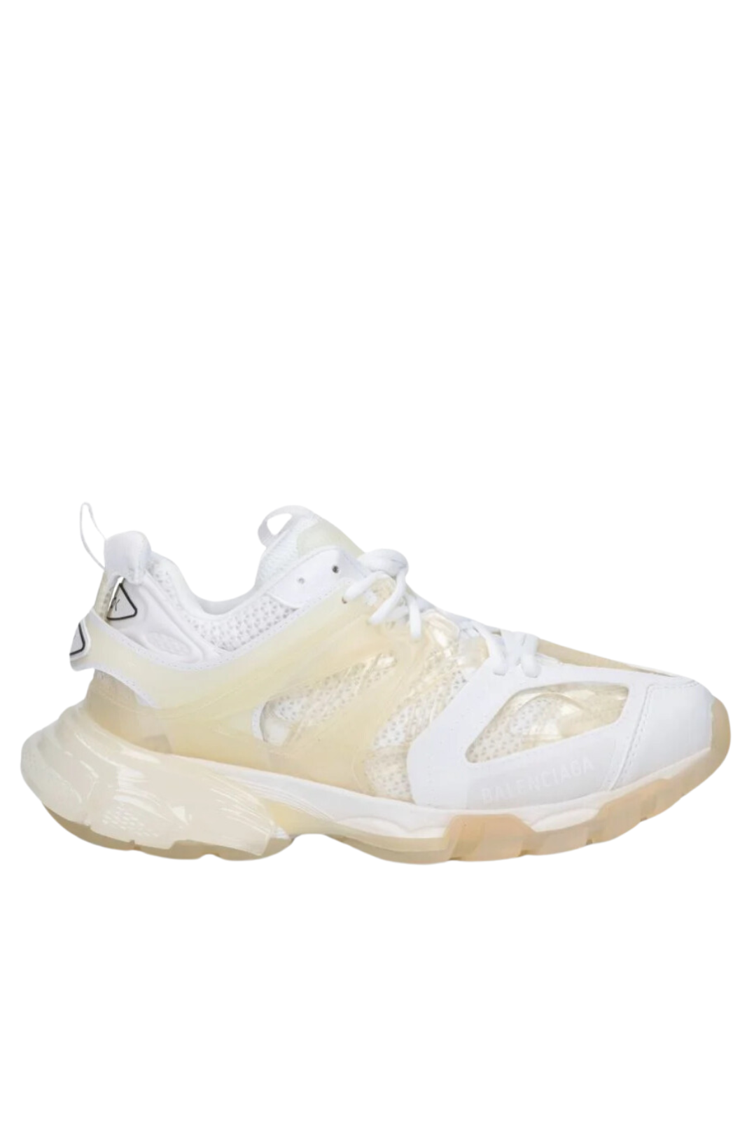 A pair of white Balenciaga Track Clear Sole sneakers with double tongue design and logo details.