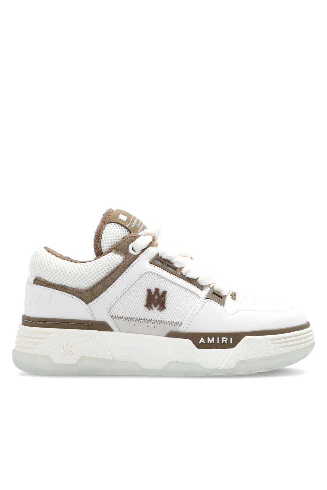 A pair of Amiri MA-1 lace-up women's sneakers in white and brown colors with high-top design and distinctive branding on the side.