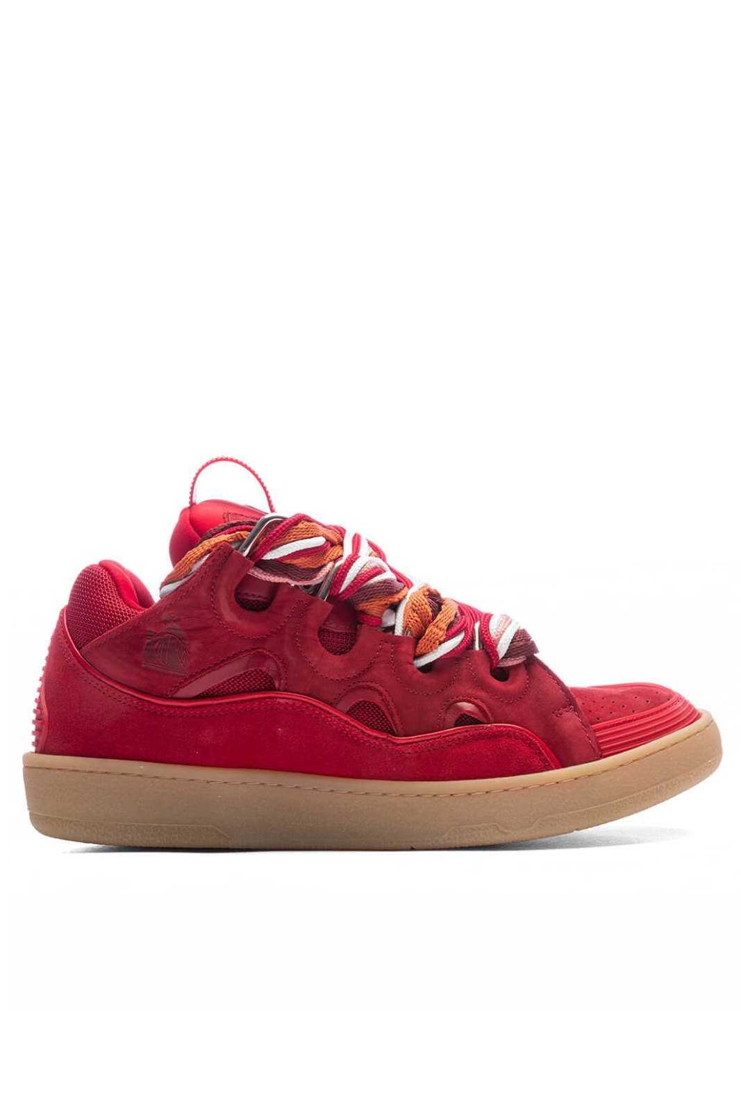 A pair of red Lanvin curb sneakers details and a beige sole.