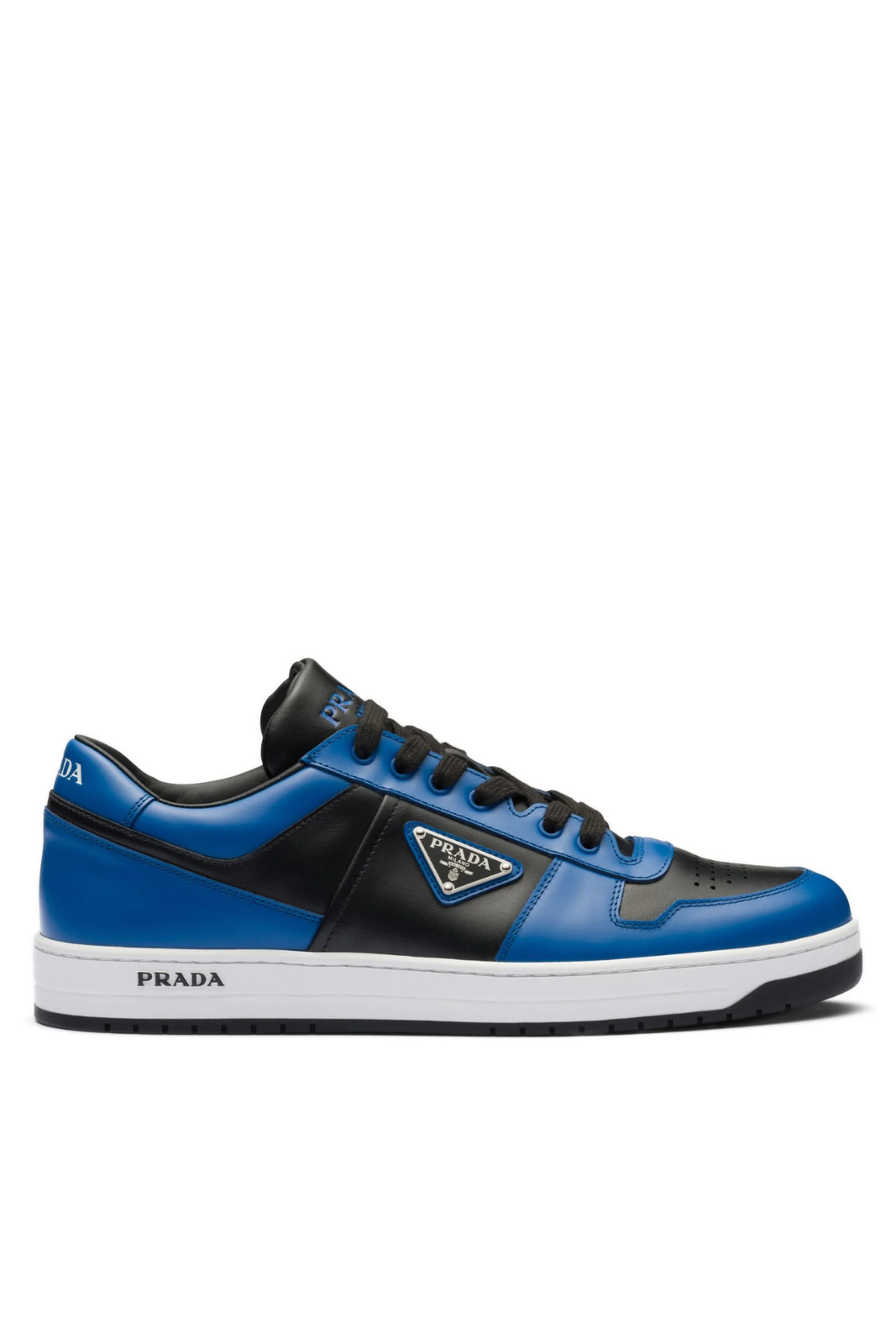 A pair of blue and black Prada Downtown sneakers with a triangular logo on the side.