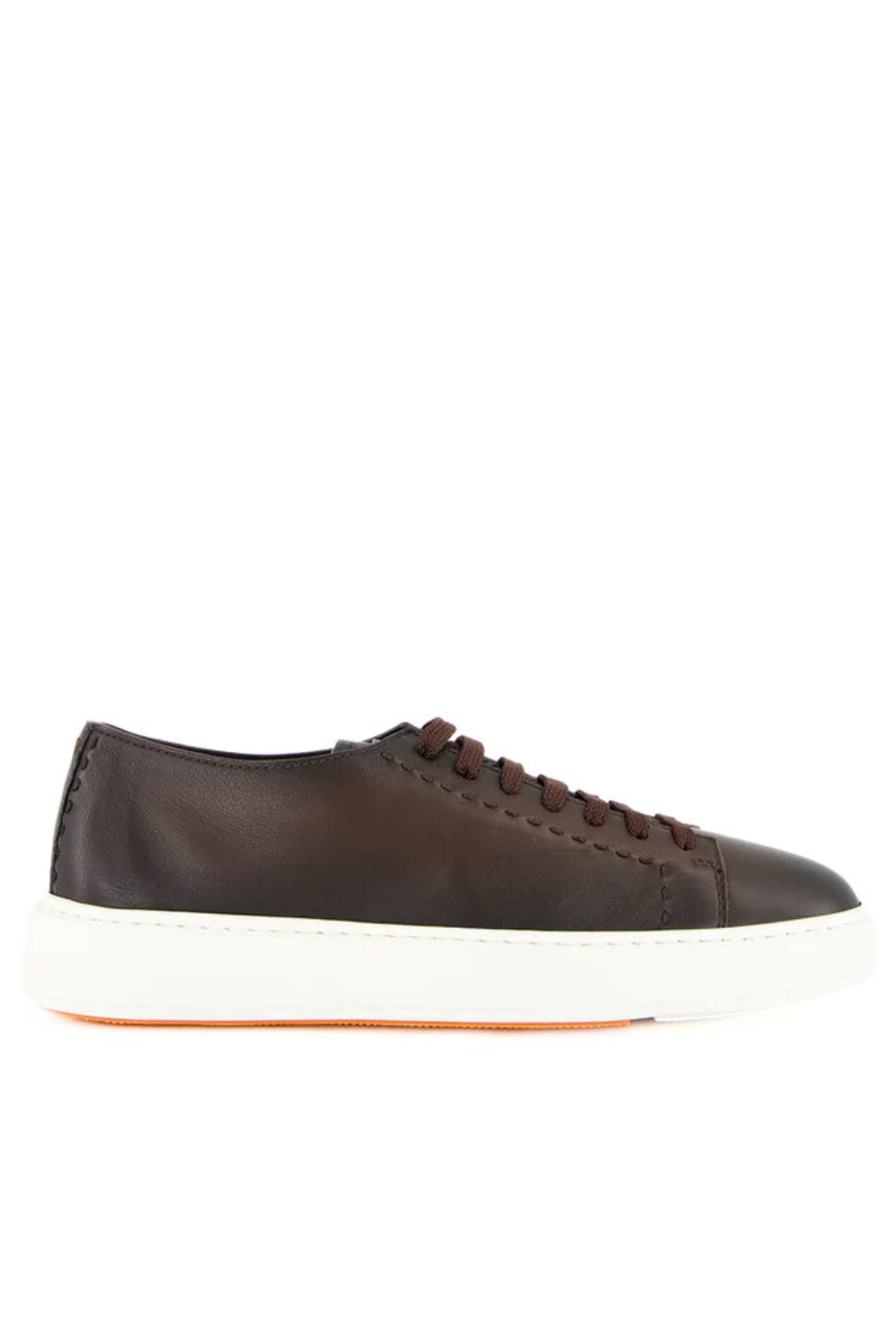 santoni brown leather sneaker with white sole on a white background