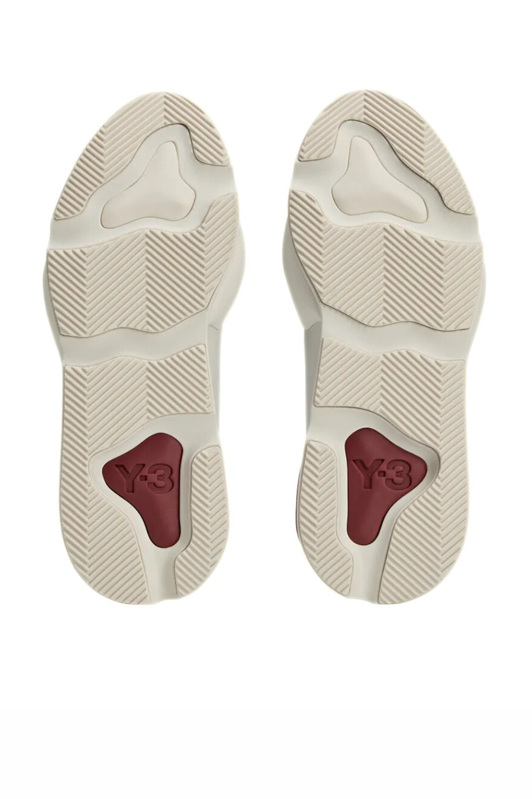 Y3 White sneakers with red Y-3 logo on the sole against a white background