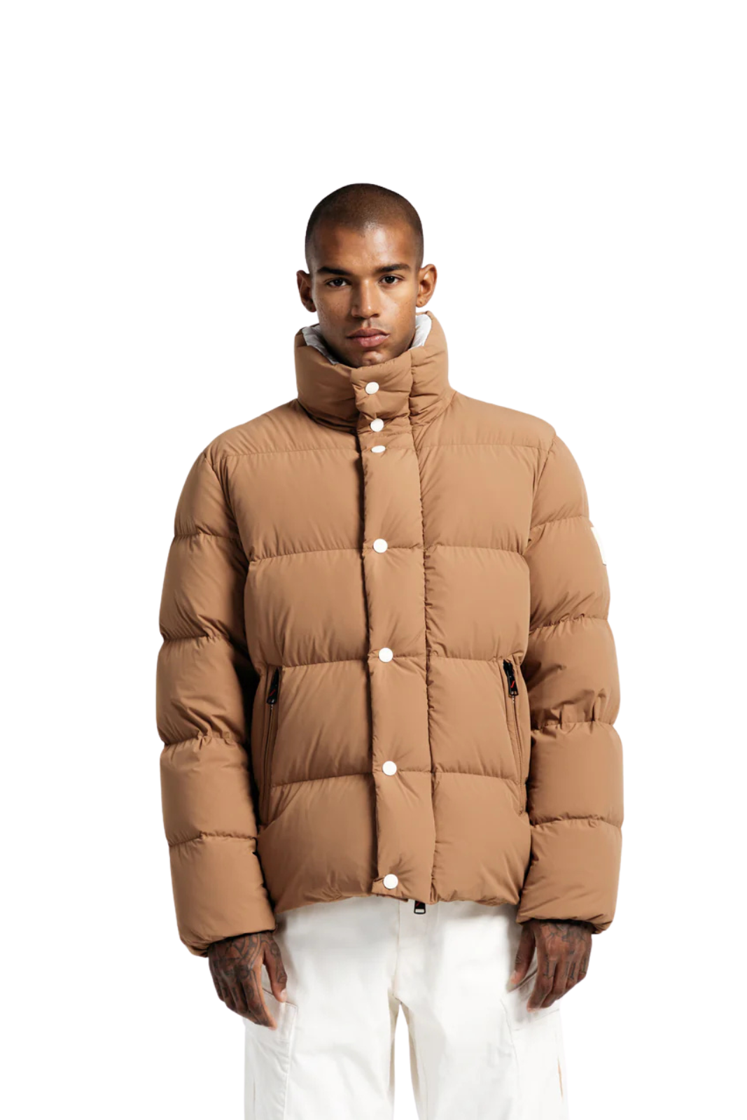 After Label Short Down Jacket with High Collar in Brown Matte Nylon