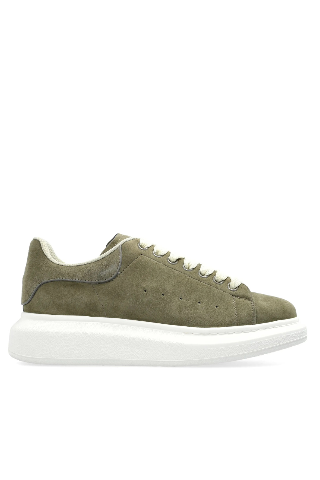 Alexander McQueen oversized suede sneaker in khaki color with a chunky white sole and lace-up closure.