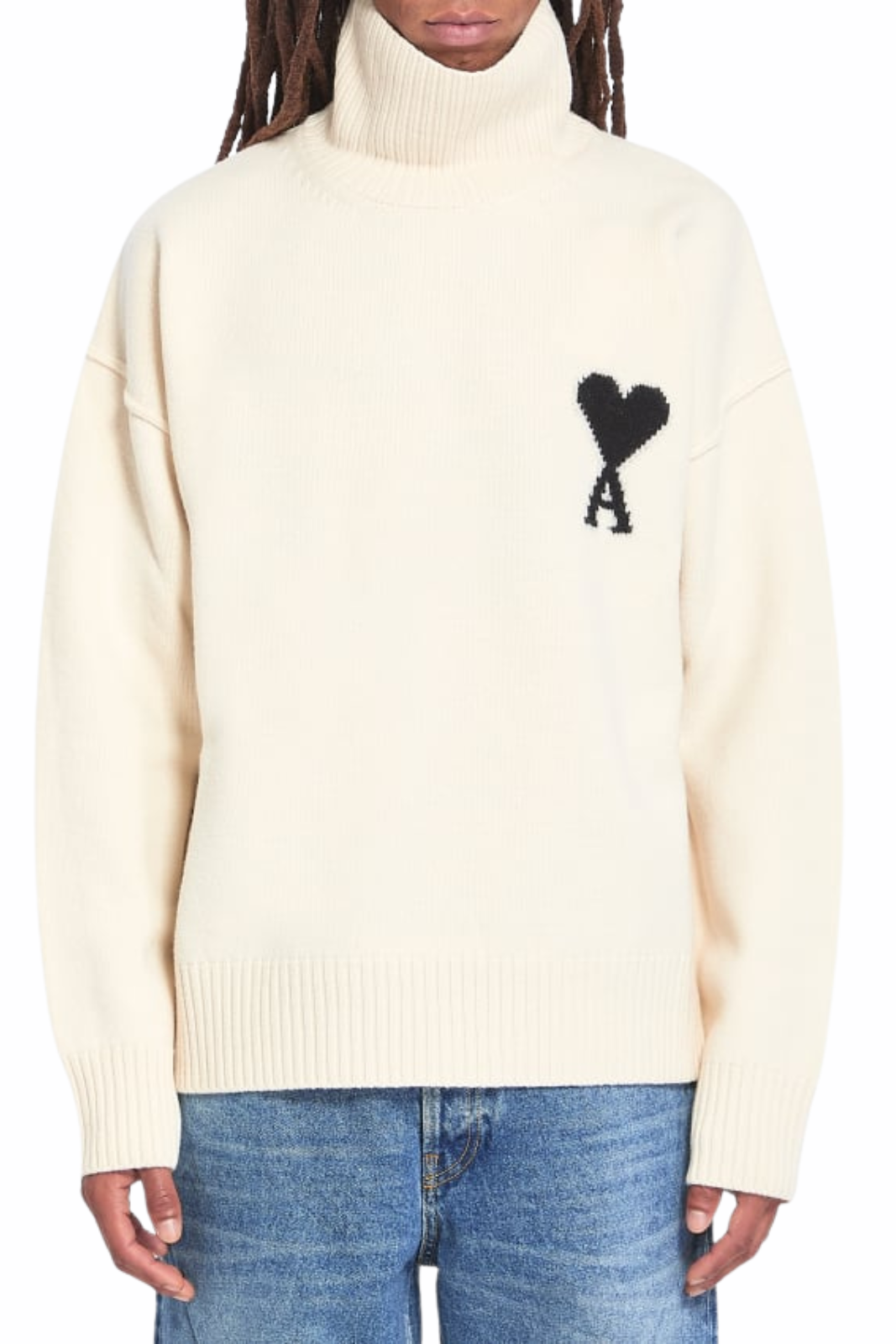 Ami Paris Beige Virgin Wool Ami de Coeur Funnel-Neck Sweater