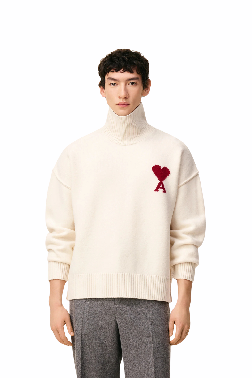 Ami Paris Permanent White Wool Ami De Coeur Funnel Neck Sweater