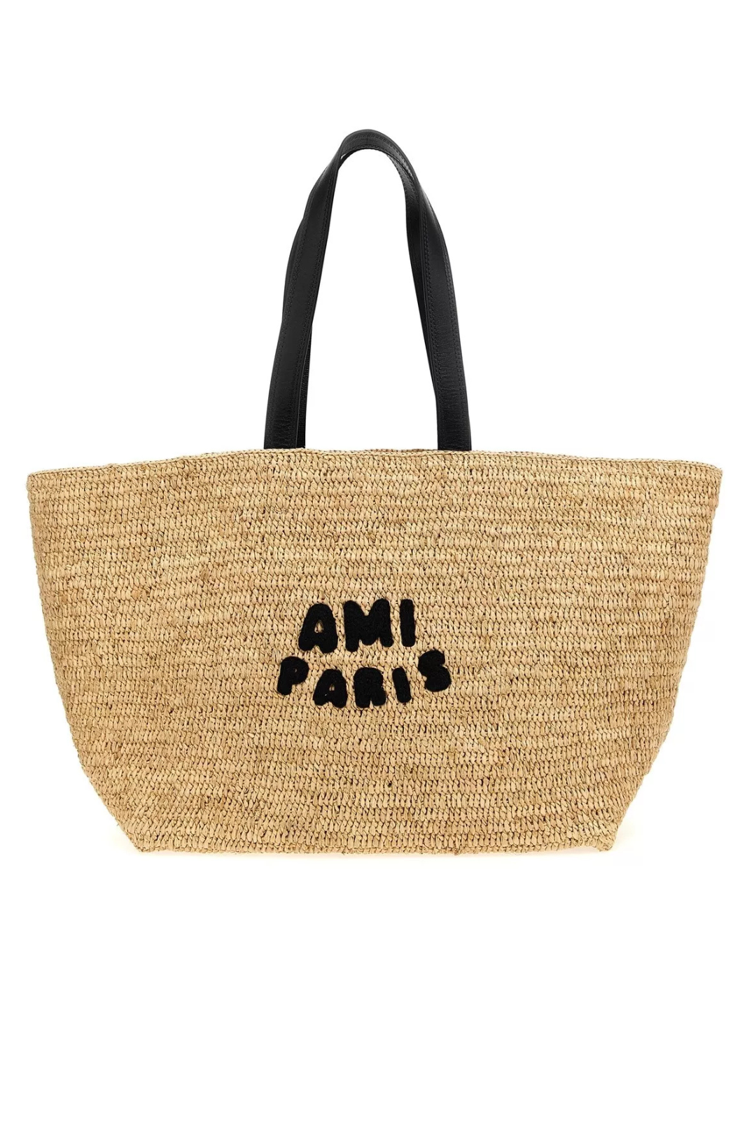 A beige shopping tote bag with 'AMI PARIS' embroidered on the front, featuring black handles.