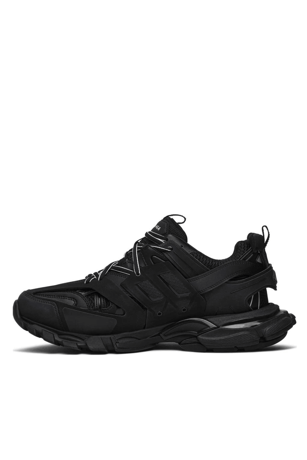 A pair of 'Balenciaga Track Sneaker 'Triple Black' with a lace-up closure, featuring a black color scheme and the brand's logos on the upper.