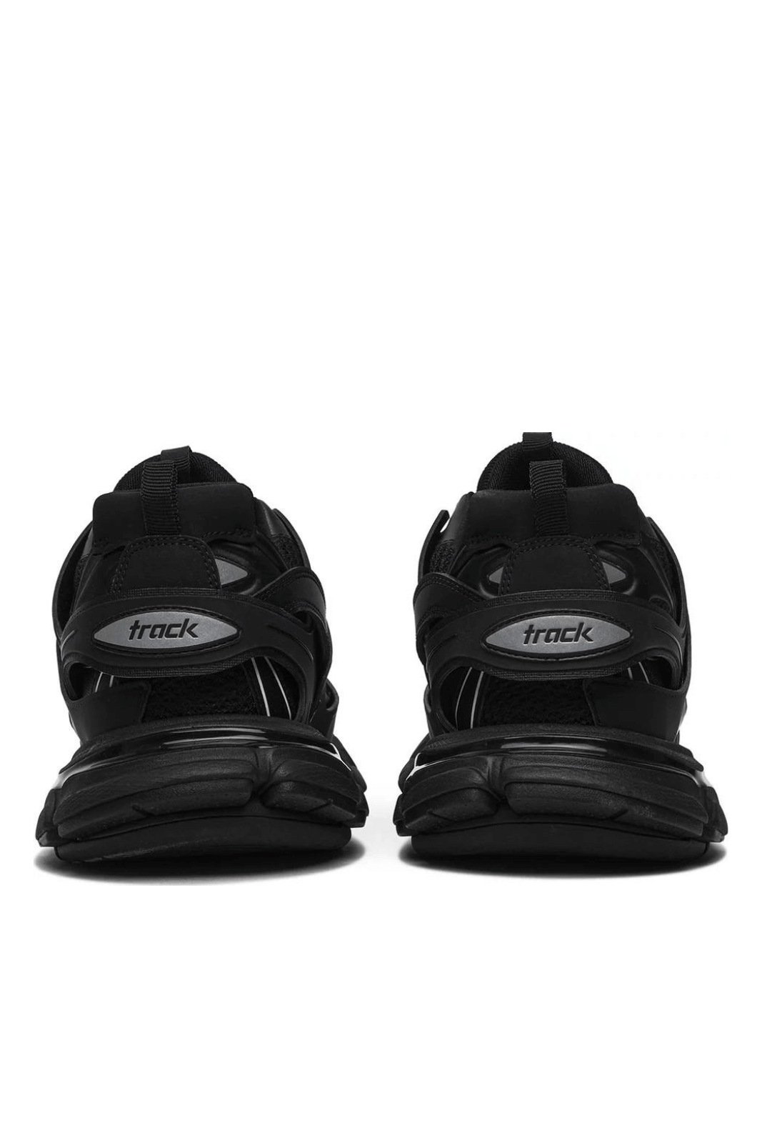 A pair of 'Balenciaga Track Sneaker 'Triple Black' with a lace-up closure, featuring a black color scheme and the brand's logos on the upper.