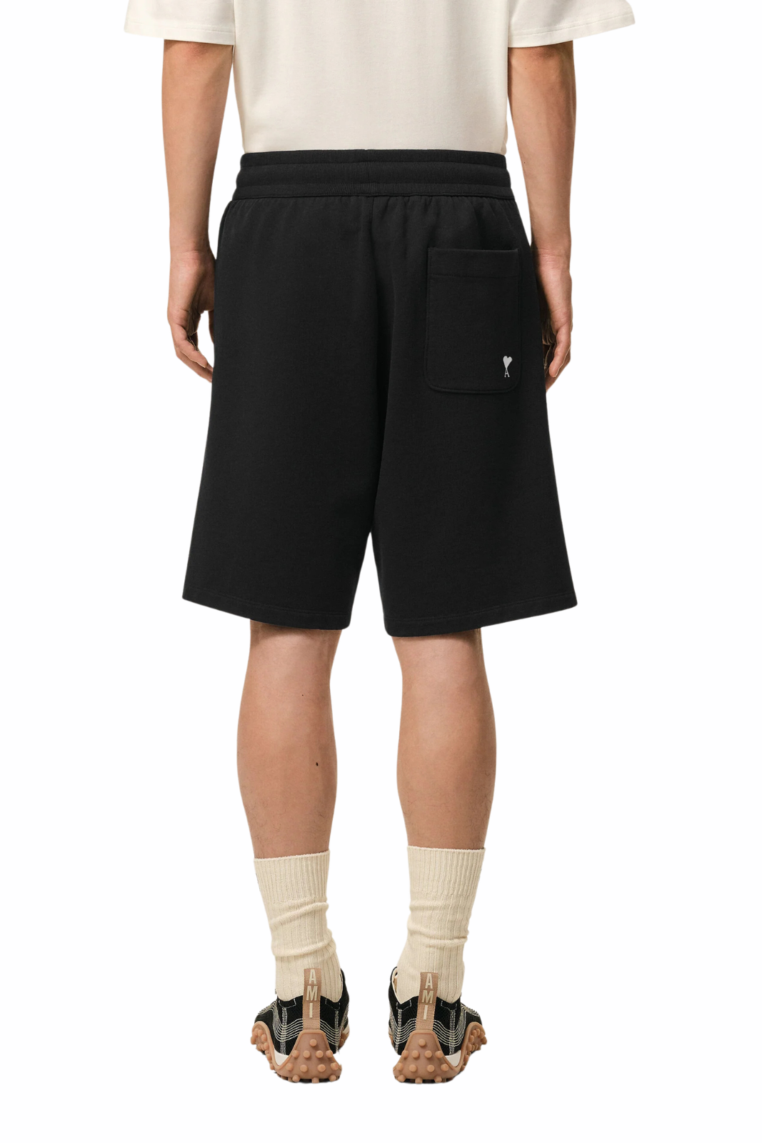 Ami Paris Black Cotton Ami De Coeur Short in a light loopback cotton fleece