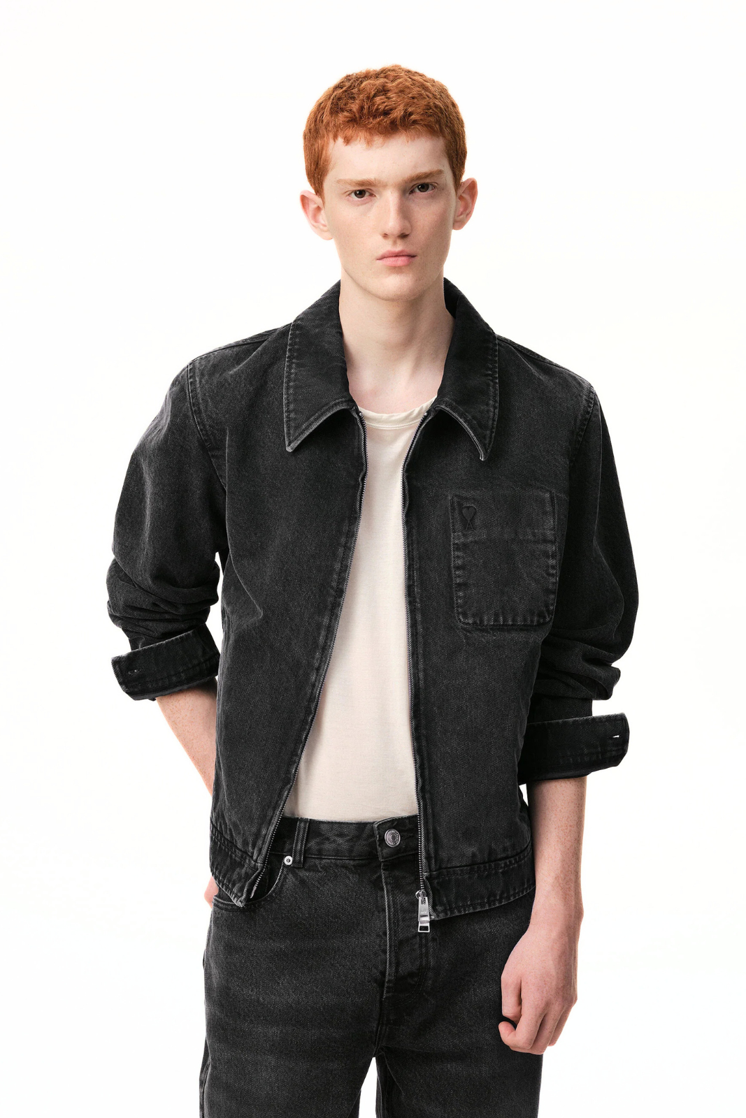 Бежово яке от девствена вълна с яка от овча кожа Ami Paris