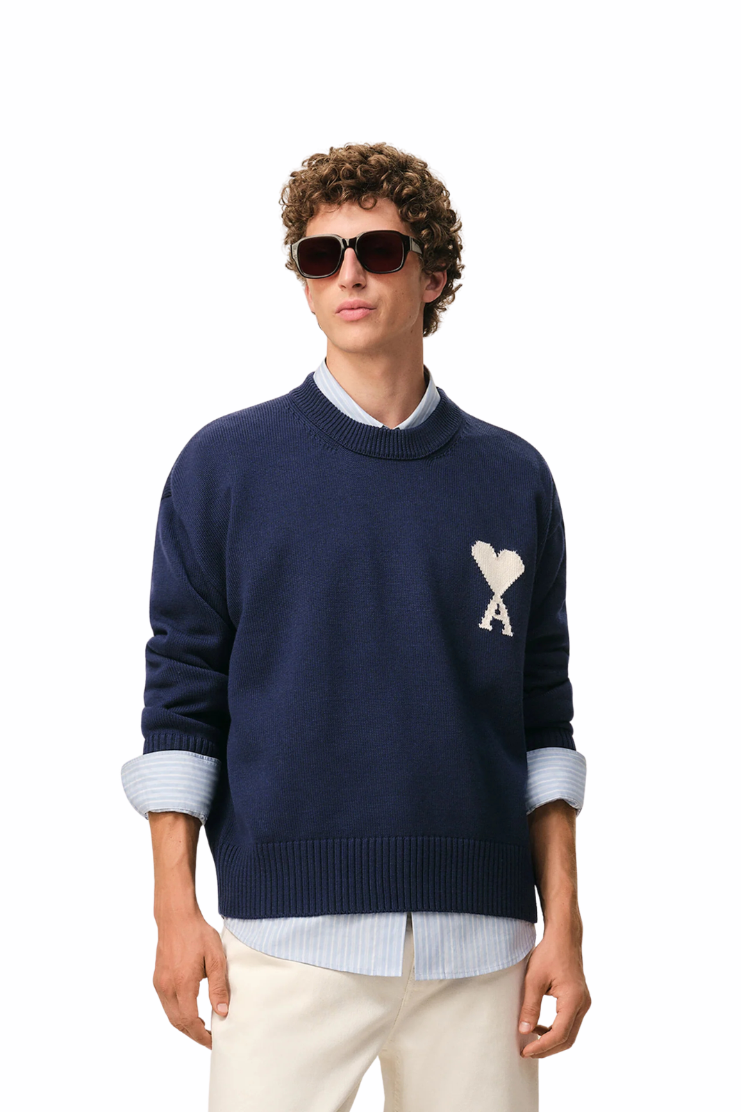 Ami Paris Blue Wool And Cotton Crewneck Ami De Coeur Sweater