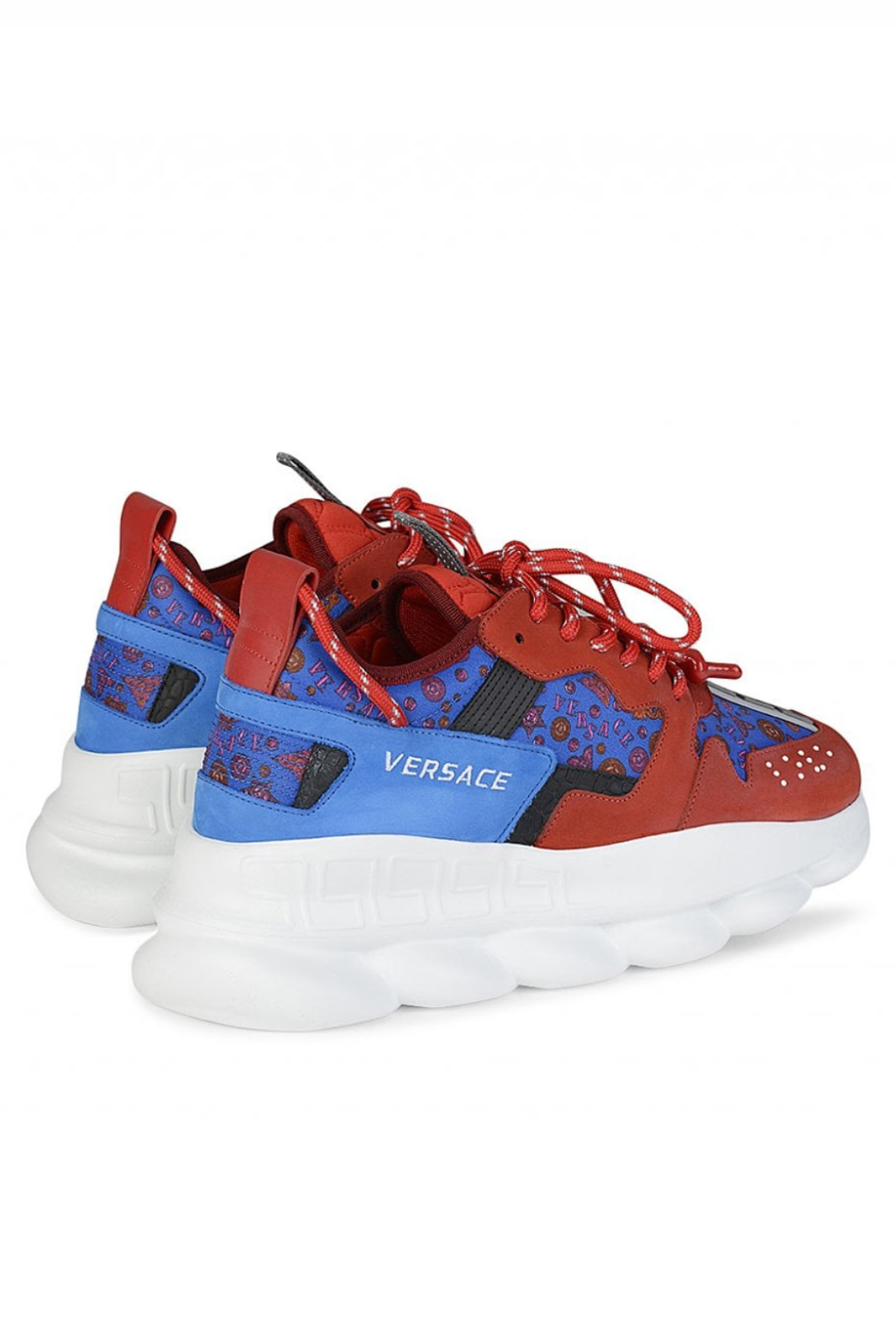 Red and blue Versace sneakers on a white background