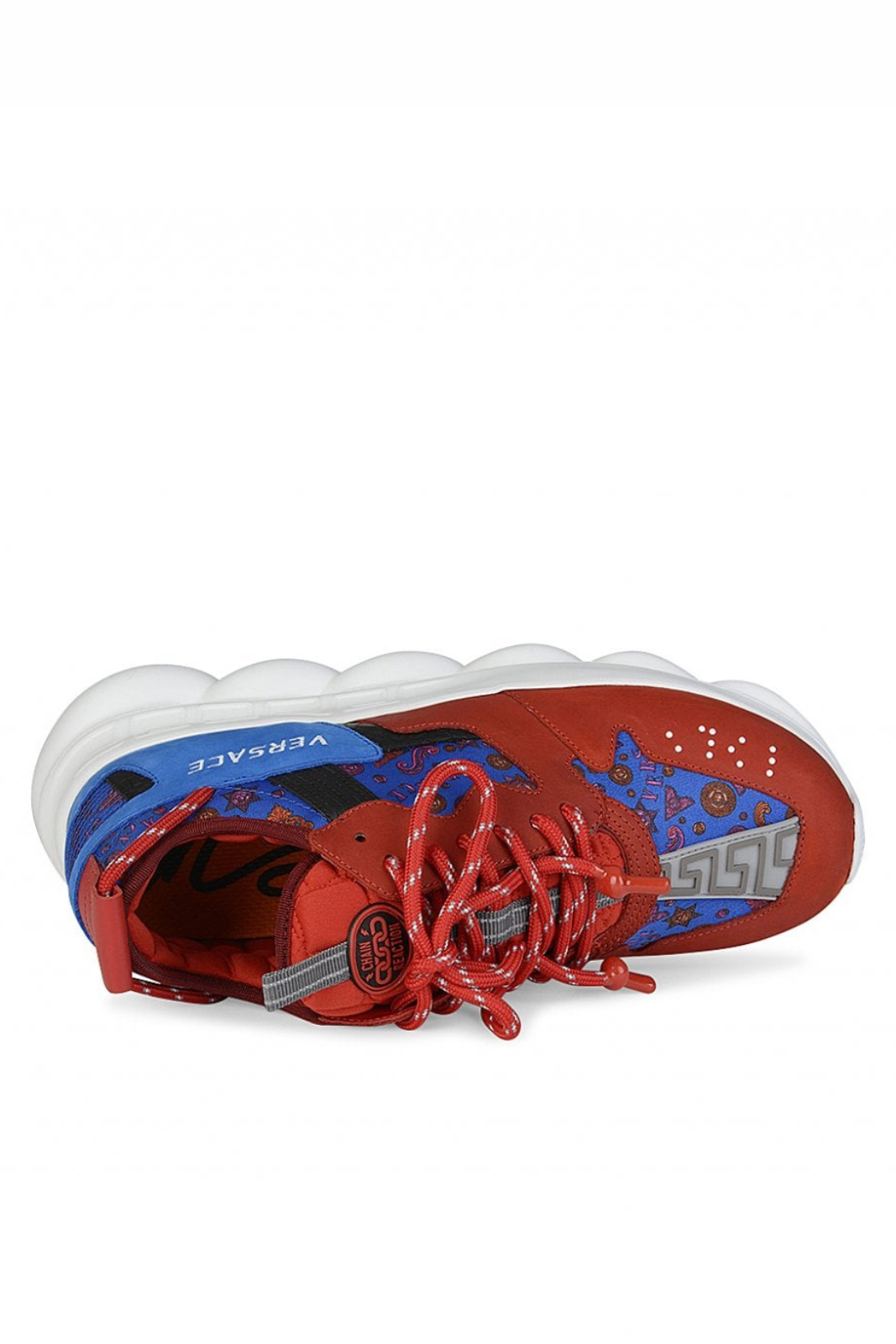 Red and blue Versace sneaker with white sole on a white background