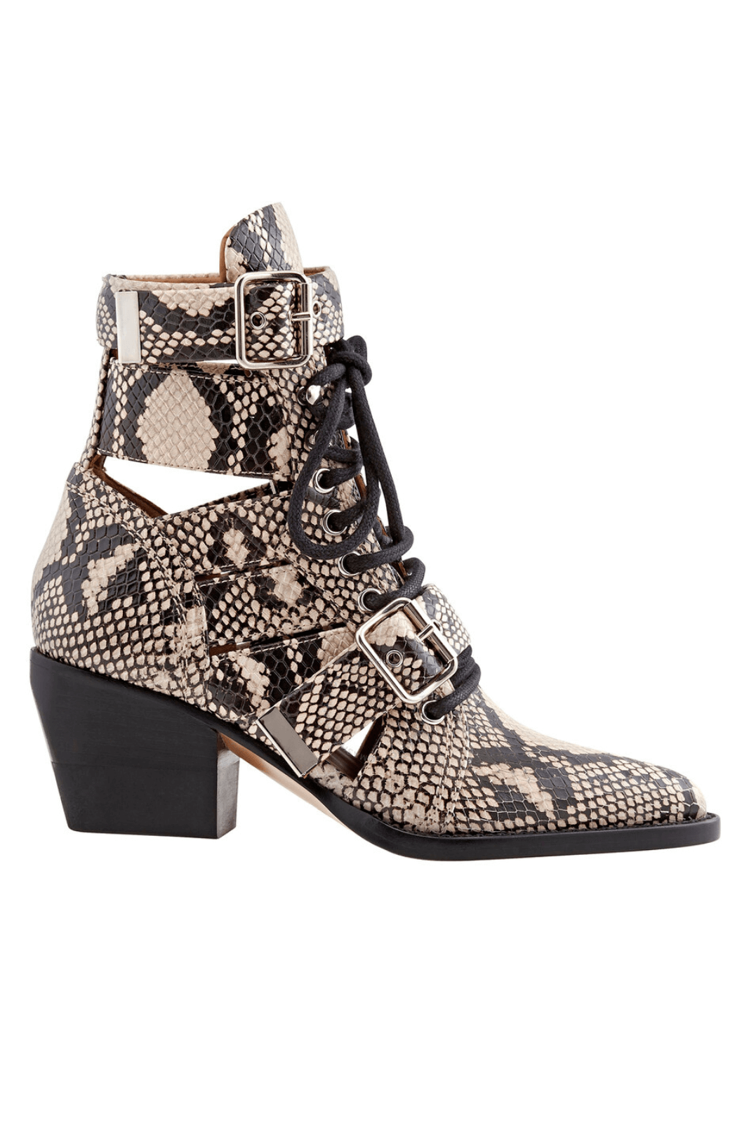 A pair of Chloe Ladies Python Boots in grey with detailed python embossing on the leather upper, featuring a chunky sole and a modern design.