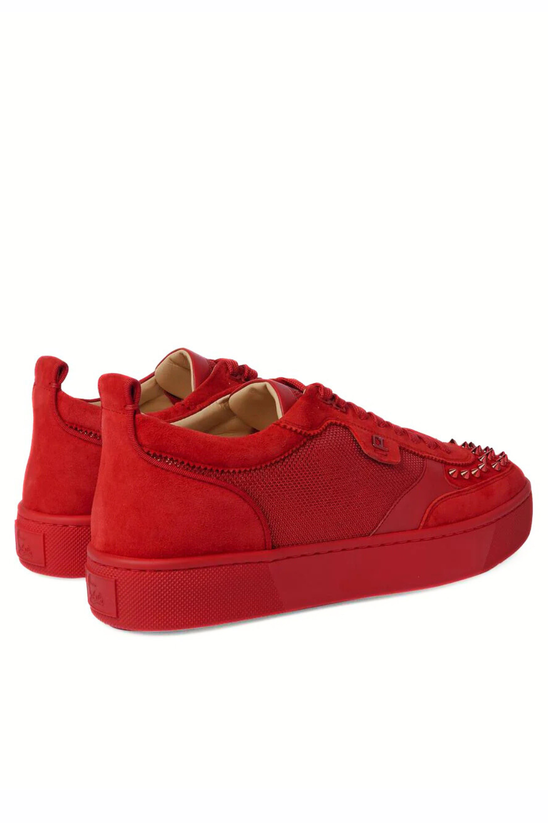 Christian Louboutin Happyrui Spiked Suede Trimmed Glittered Mesh Red