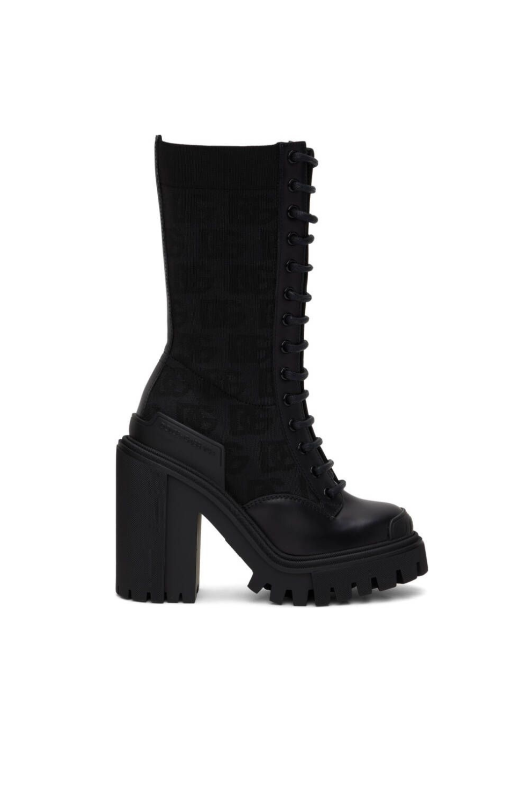 A pair of Dolce & Gabbana Black All-Over DG Boots with a high heel, platform sole, and lace-up front.