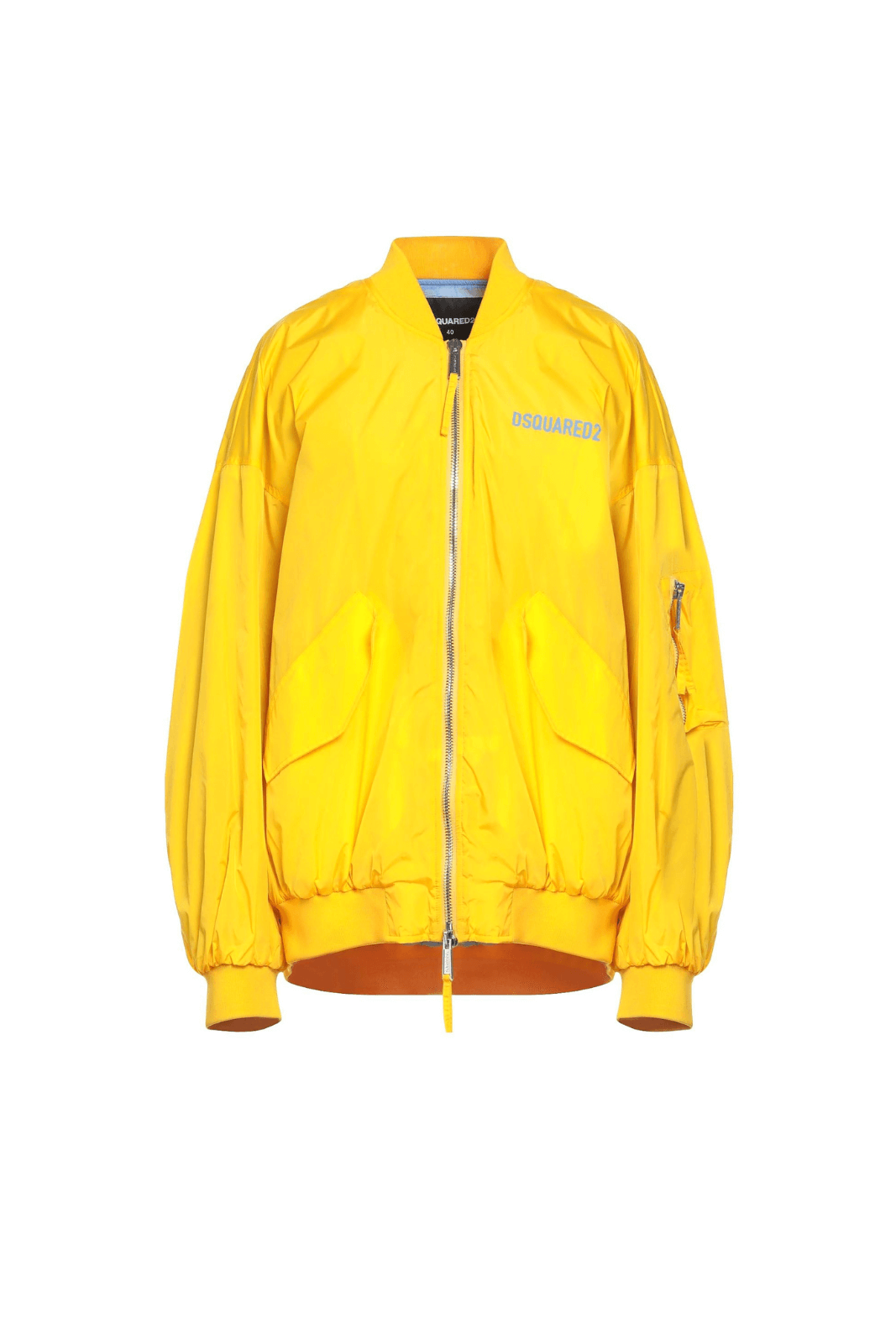 A vibrant yellow Dsquared2 jacket with a turtleneck collar, zippered front, and long sleeves.