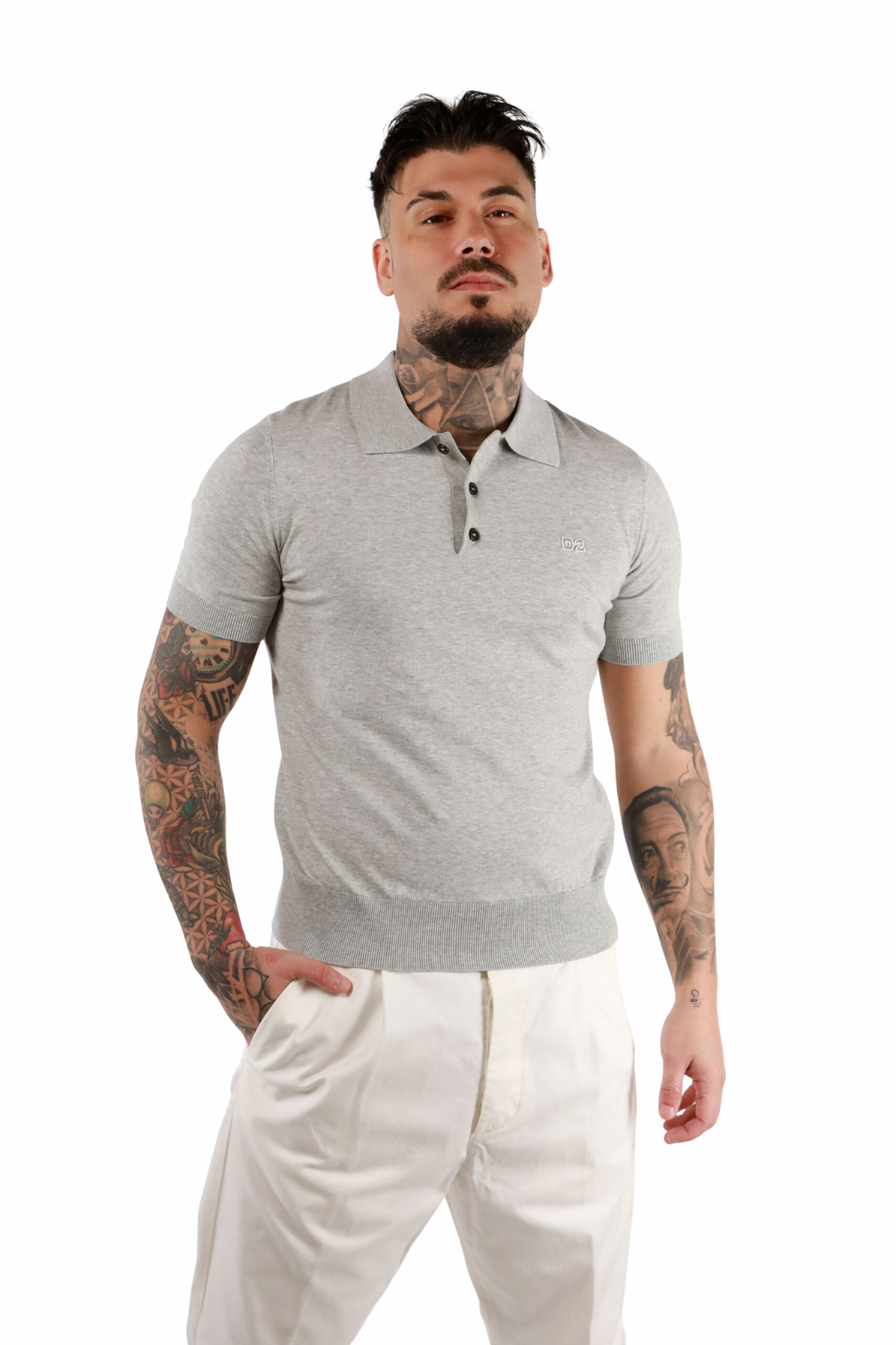 Dsquared2 Grey knitted polo shirt with white "D2" mini logo