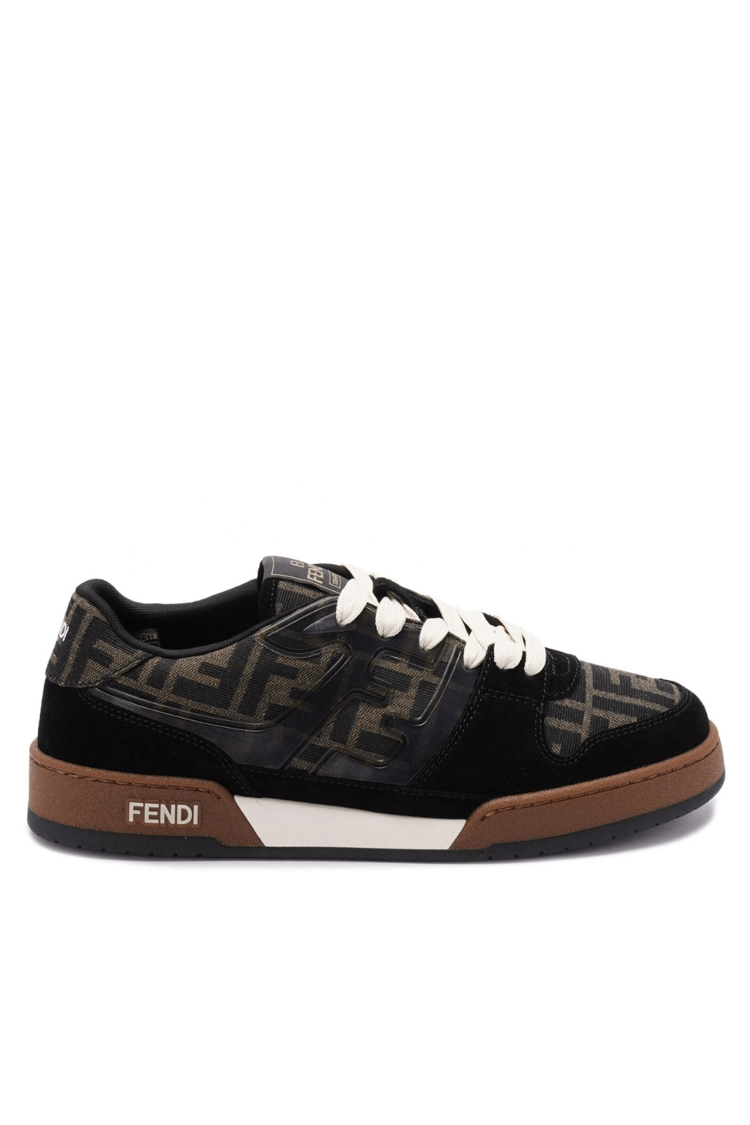 Black leather low-top sneakers with monogram print and Fendi logo on the tongue and heel, featuring a round toe and lace-up closure.