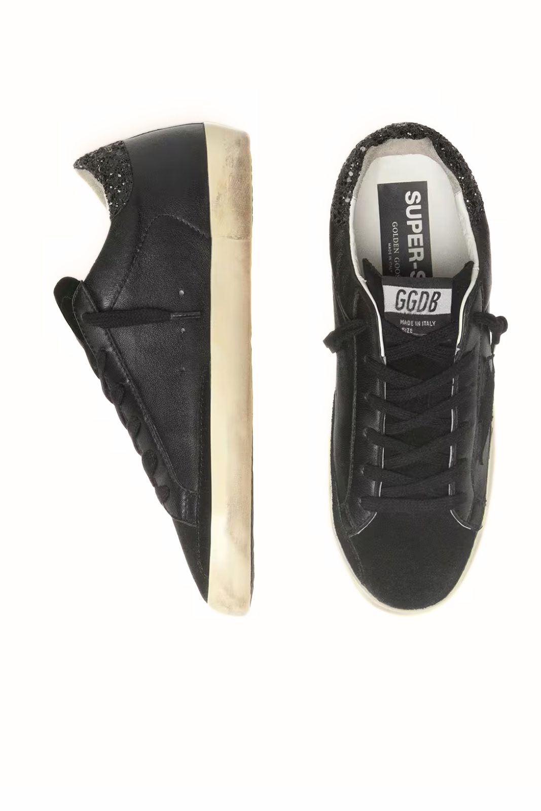 Golden Goose Women's Super-Star in black nappa with black star and glitter heel tab