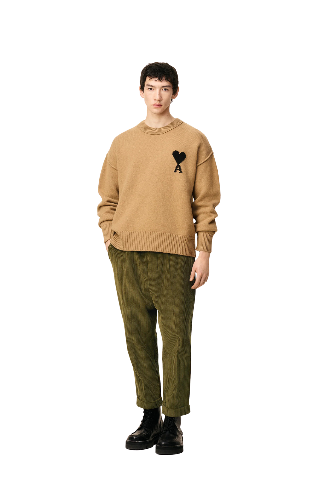 Ami Paris Green Cotton Carrot Corduroy Oversized Trousers