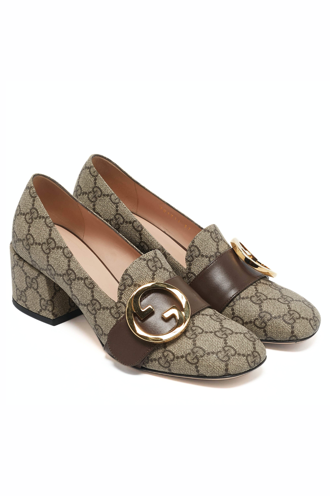 Gucci Beige Brown GG Supreme Canvas Interlocking G Pumps