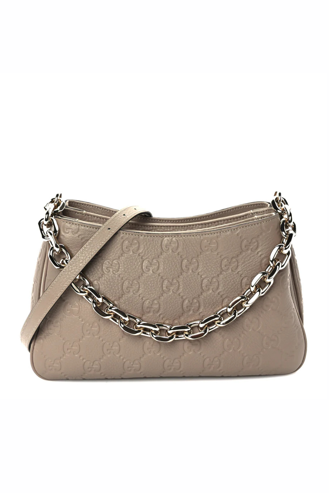 Gucci GG Grainy Calfskin Emblem Shoulder Bag Taupe