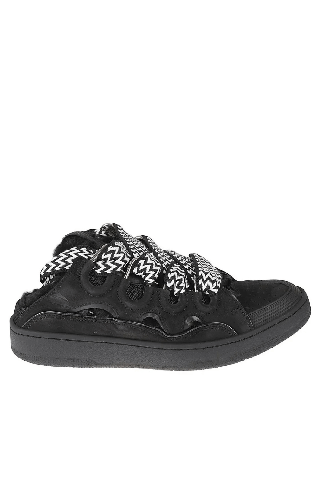 Black Lanvin Curb Slip-On Lace-Up Sneakers with a geometric pattern on the lace-up system.