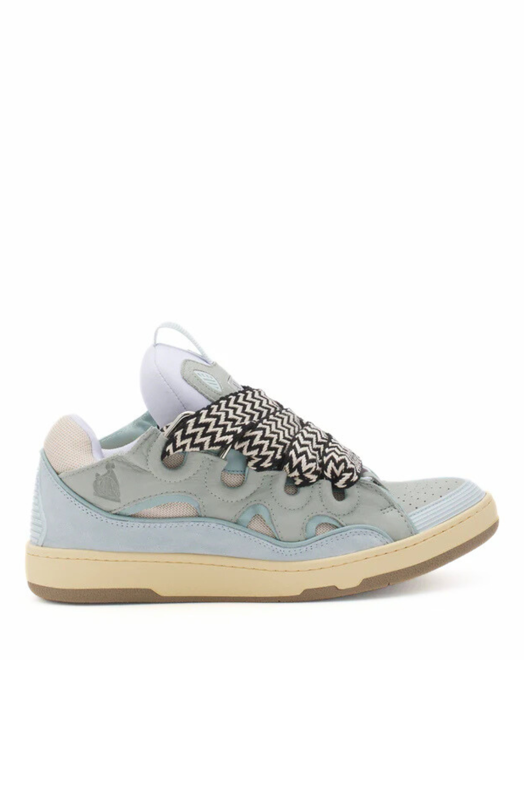 A pair of Lanvin leather sneakers with a contemporary design, featuring a grey and blue color scheme, a distinctive pattern on the laces, and a rubber sole.