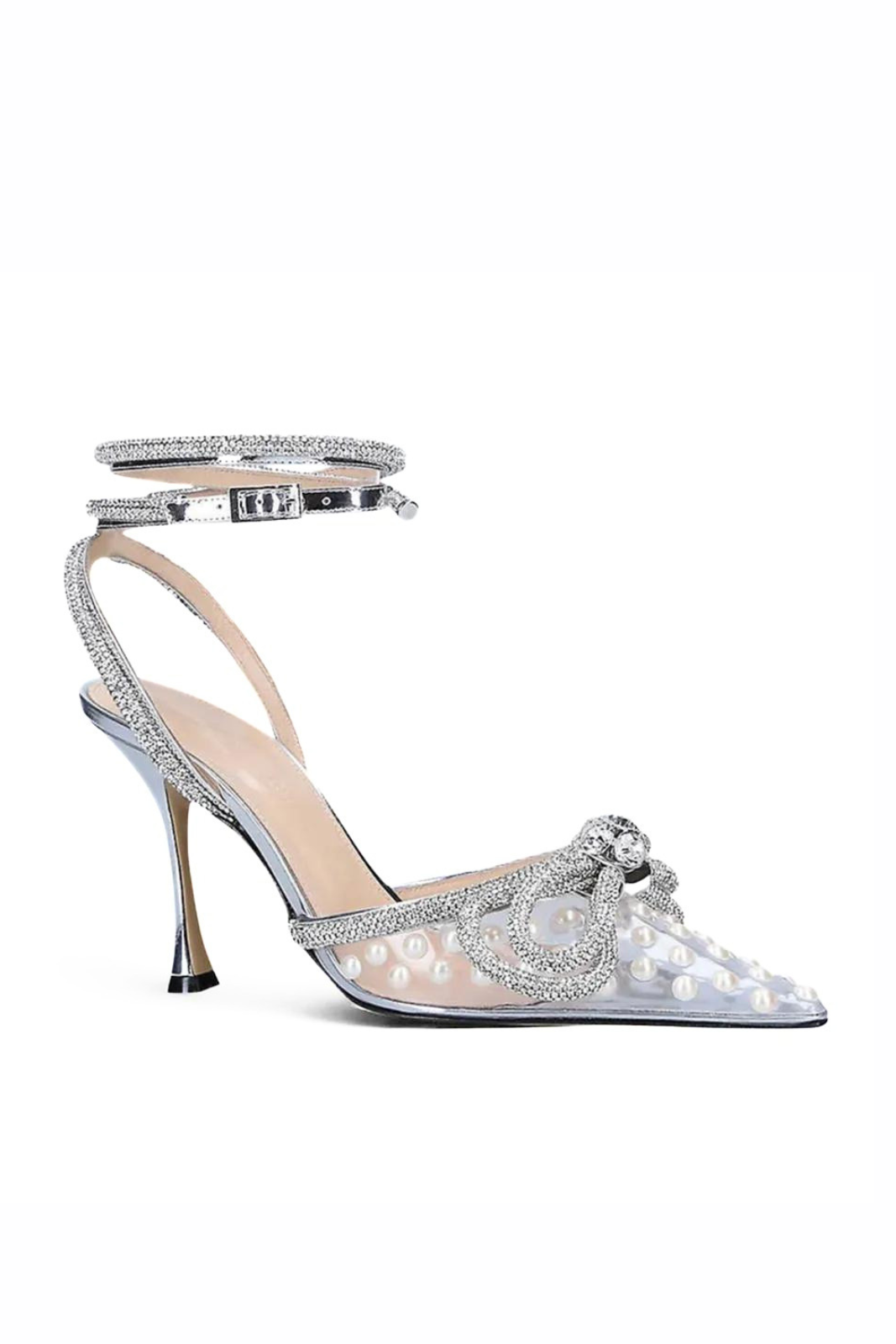 Mach & Mach Silver Double Bow Pumps Mach Glitter Bowties high-heeled Pearls Embellished