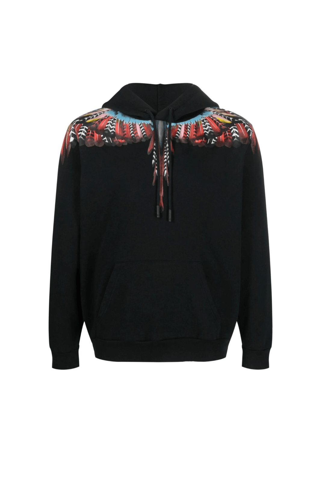 A black Marcelo Burlon County of Milan Grizzly Wings organic cotton hoodie with a vibrant multicolor wing pattern on the shoulders.