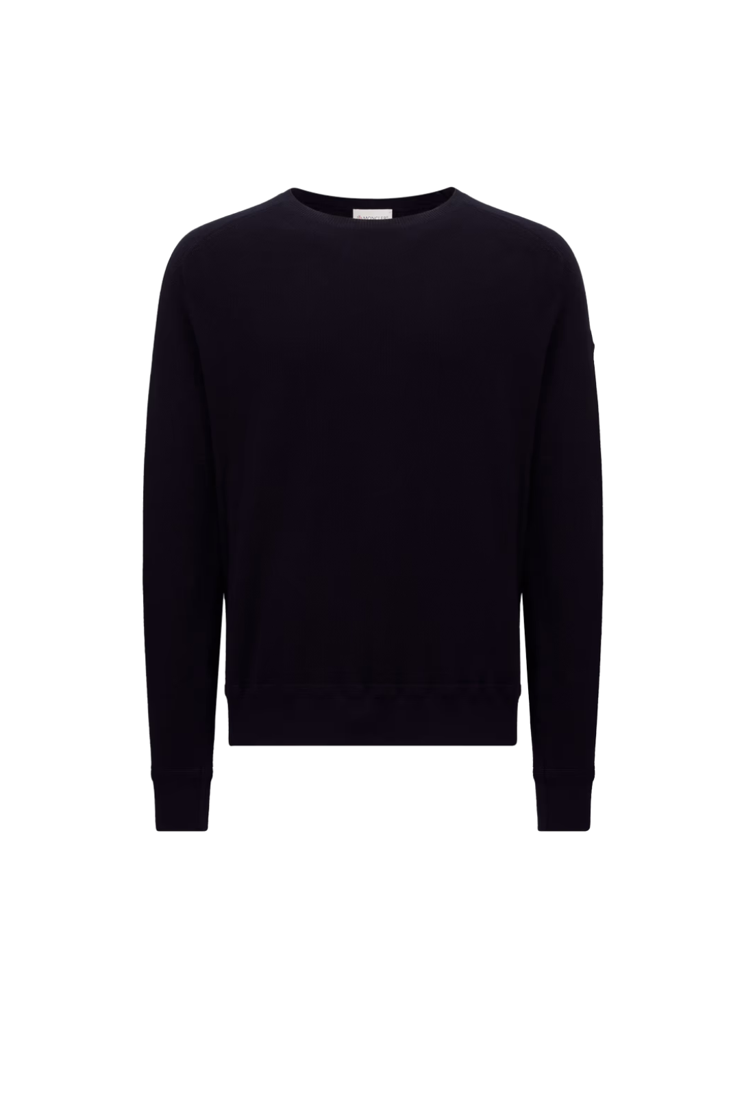 Navy blue Moncler padded wool cardigan with a classic round neckline, long sleeves, and a ribbed hem.