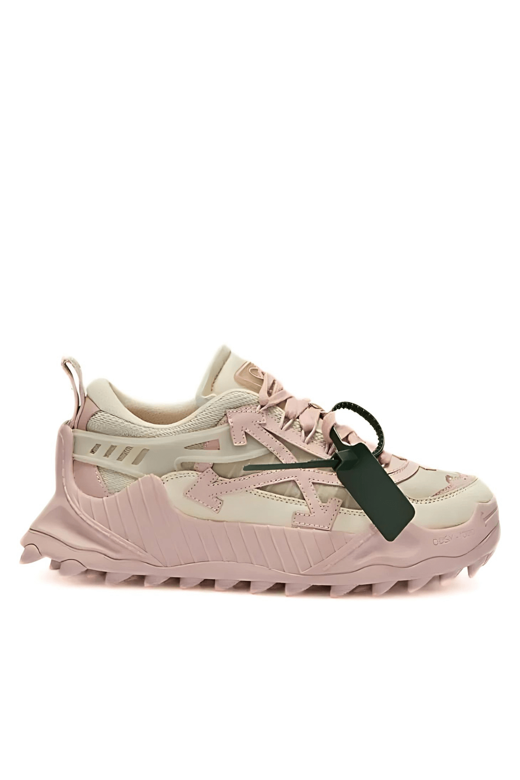 A pair of pink Off-White Odsy-1000 sneakers with distinctive brand ornaments and a chunky sole.