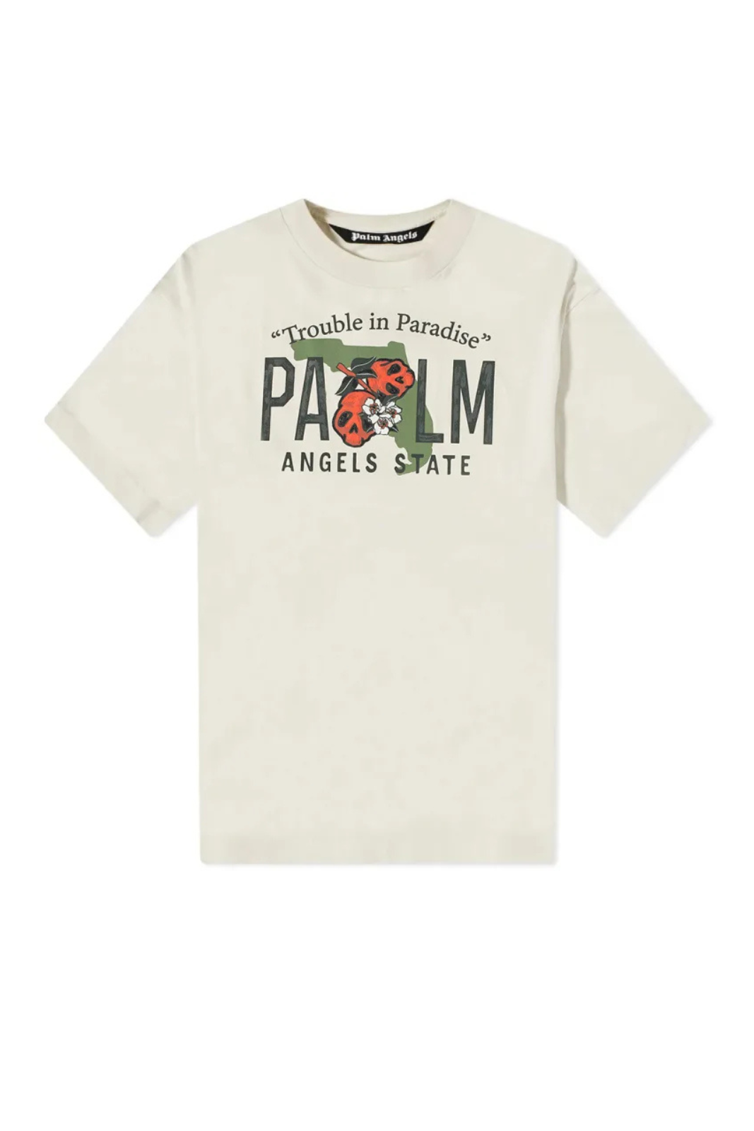 A beige Palm Angels East Coast Vintage T-shirt with a graphic print of palm trees and text on the front.