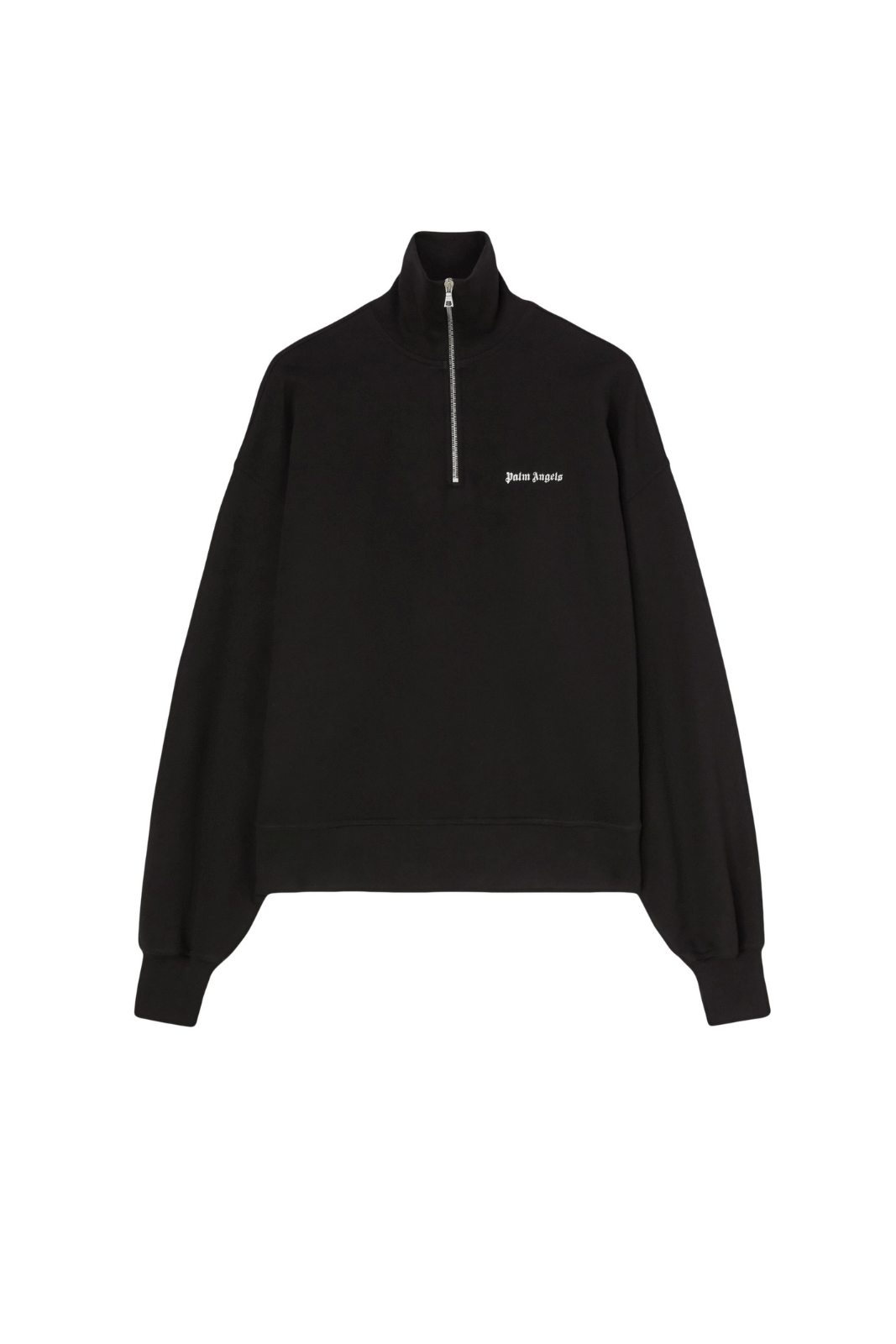 A black half-zip sweatshirt with the Palm Angels logo embroidered on the chest.