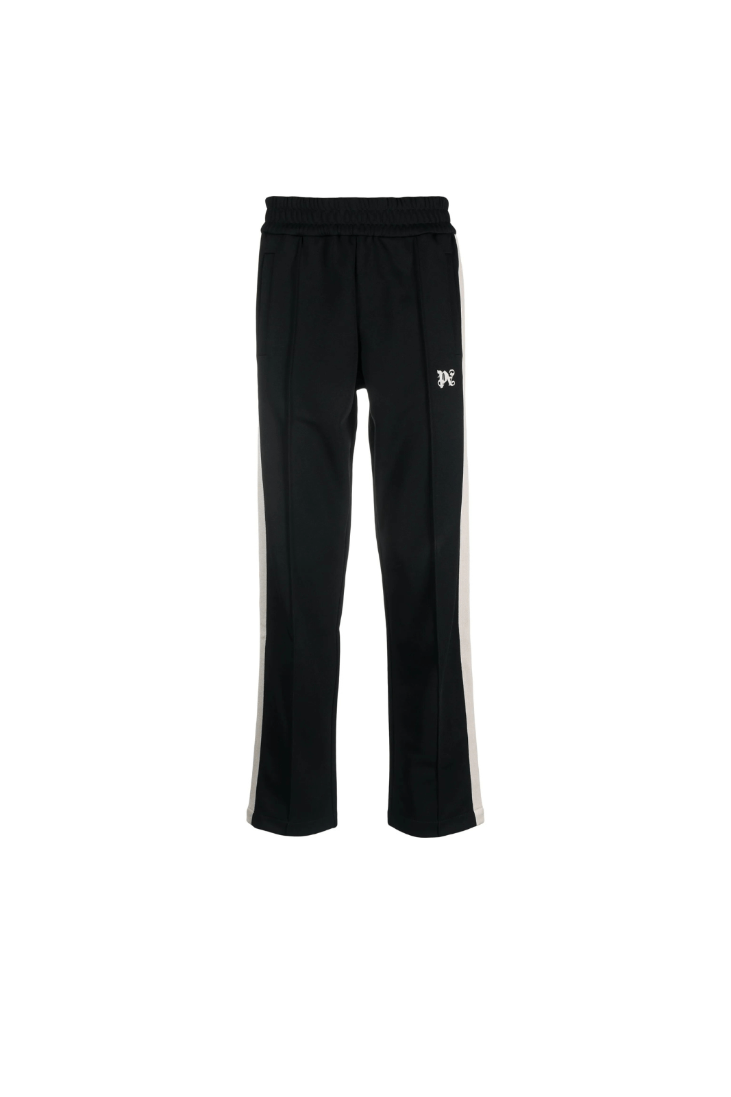Palm Angels monogram-embroidered track pants in black and white, featuring a elastic waistband and contrasting white embroidery on the leg.