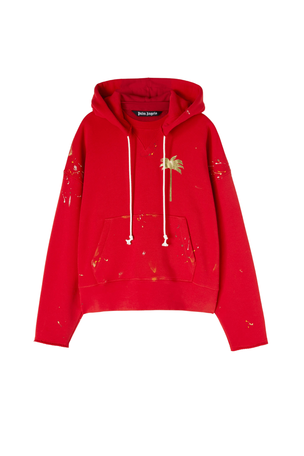 A red hoodie with gold palm leaf embroidery and the 'Palm Angels' logo on the back.