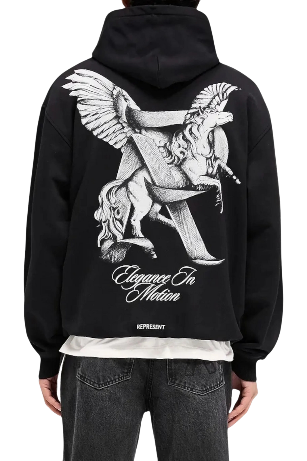Black hoodie with a winged creature design and 'Elegance In Motion' text on the back, worn by a person.