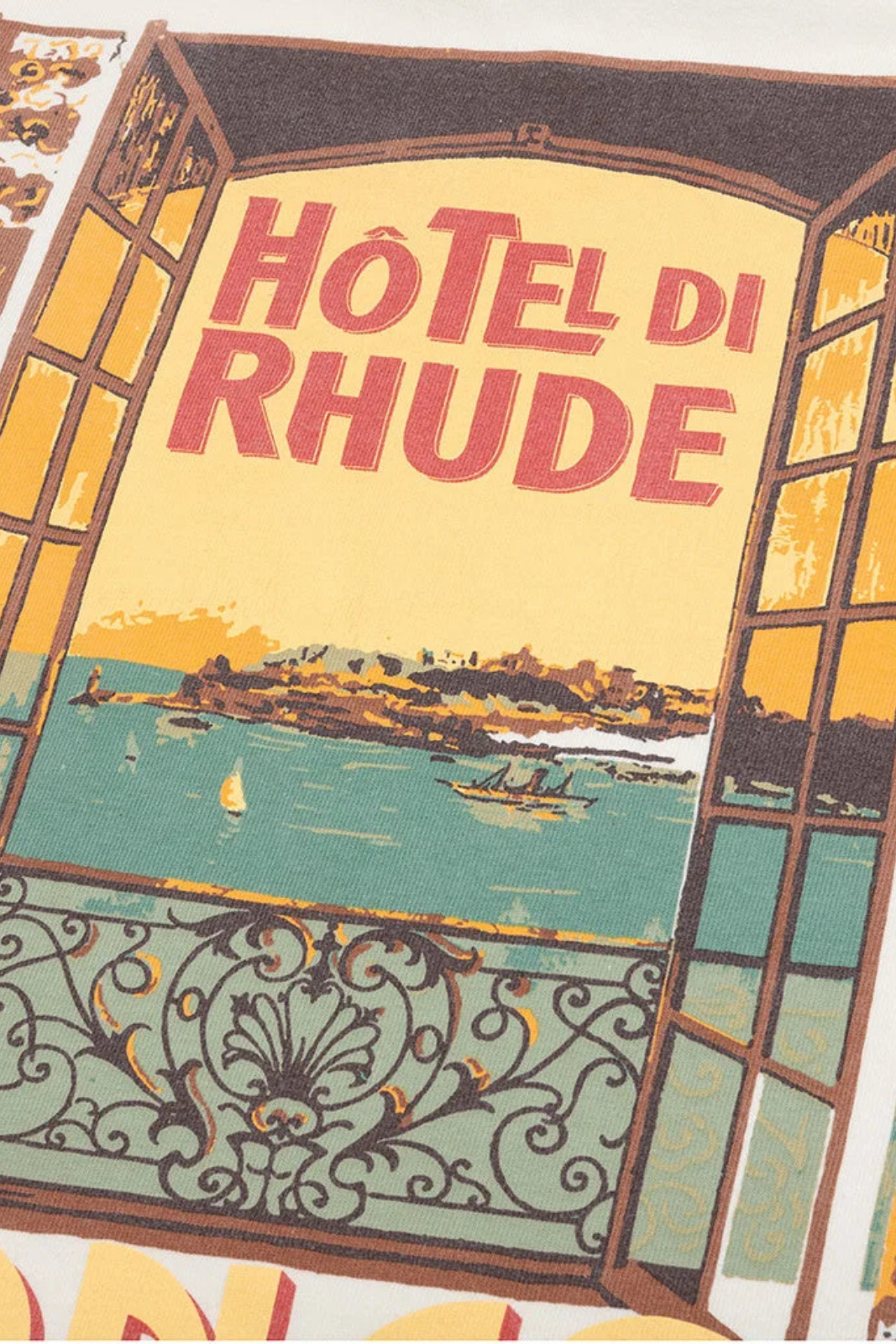 Vintage-style poster for 'Hôtel di Rhude' with a scenic view of a coastal town.