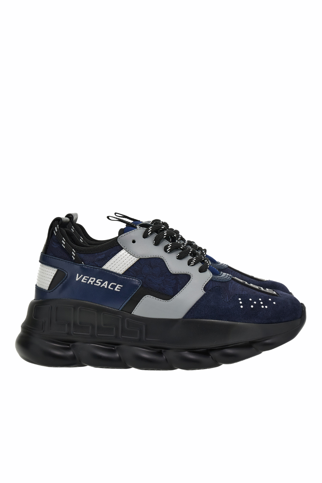 Versace Chain Reaction Low Top In Suede Jacquard Baroque Calf Leather