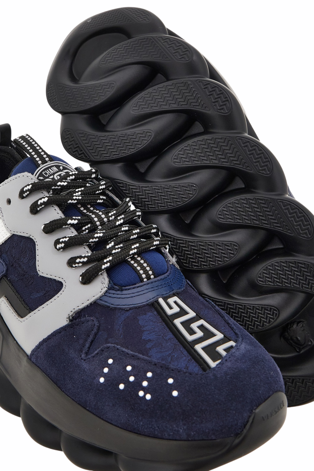 Versace Chain Reaction Low Top In Suede Jacquard Baroque Calf Leather