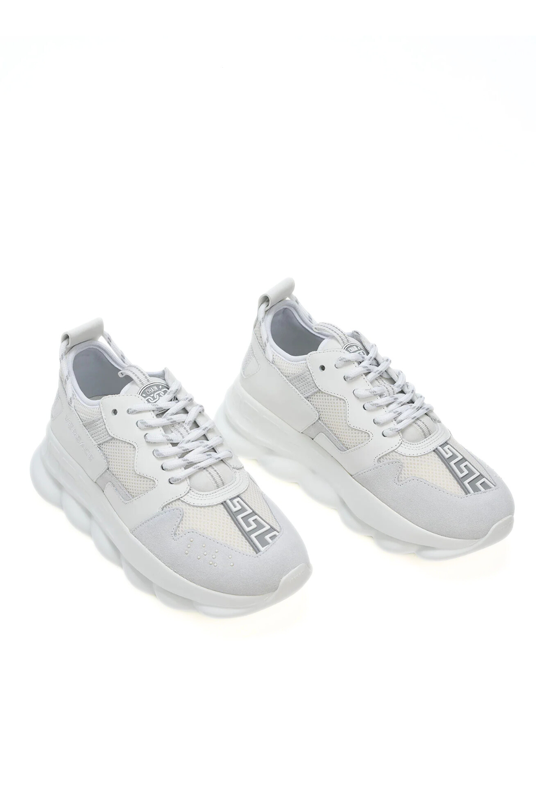 versace White sneakers with a brand logo on a white background