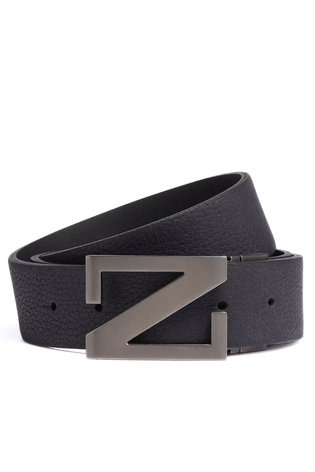 Zegna Black leather belt with a large 'Z' buckle on a white background
